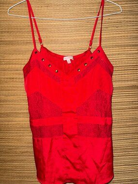 Red satiny adjustable spaghetti strap lace and studs cami Margo & Sebastian Sz M